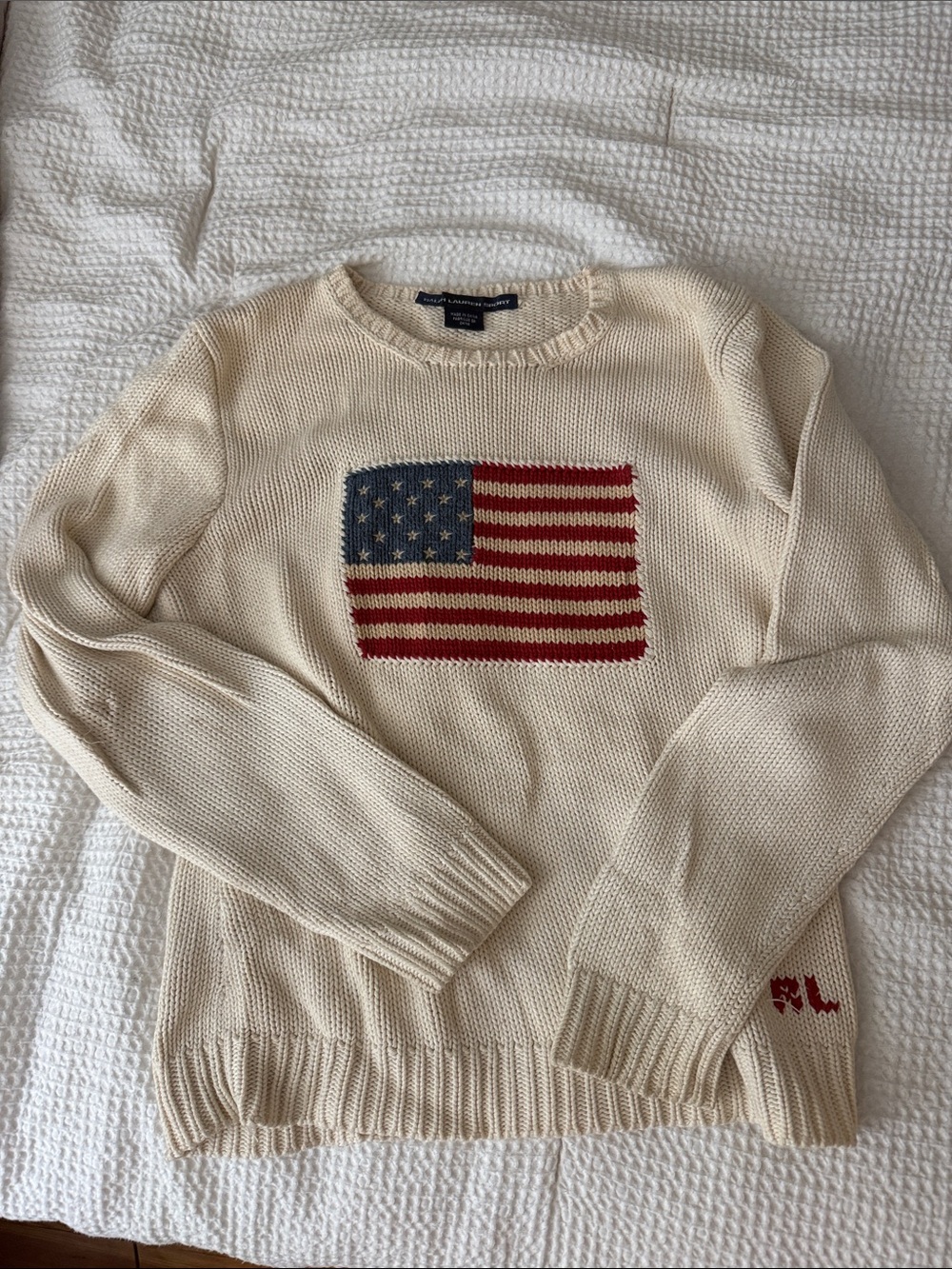 Ralph Lauren vintage Cream Knit Crewneck Sweater with Flag Intarsia